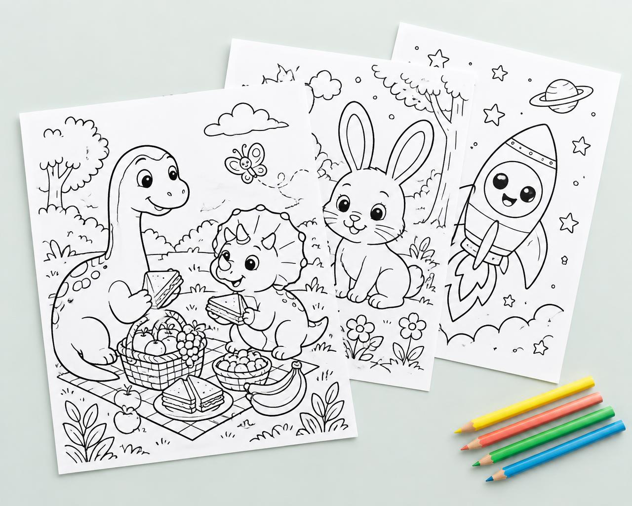 Sample dinosaur, woodland and space coloring pages lying beside a set of colored pencils